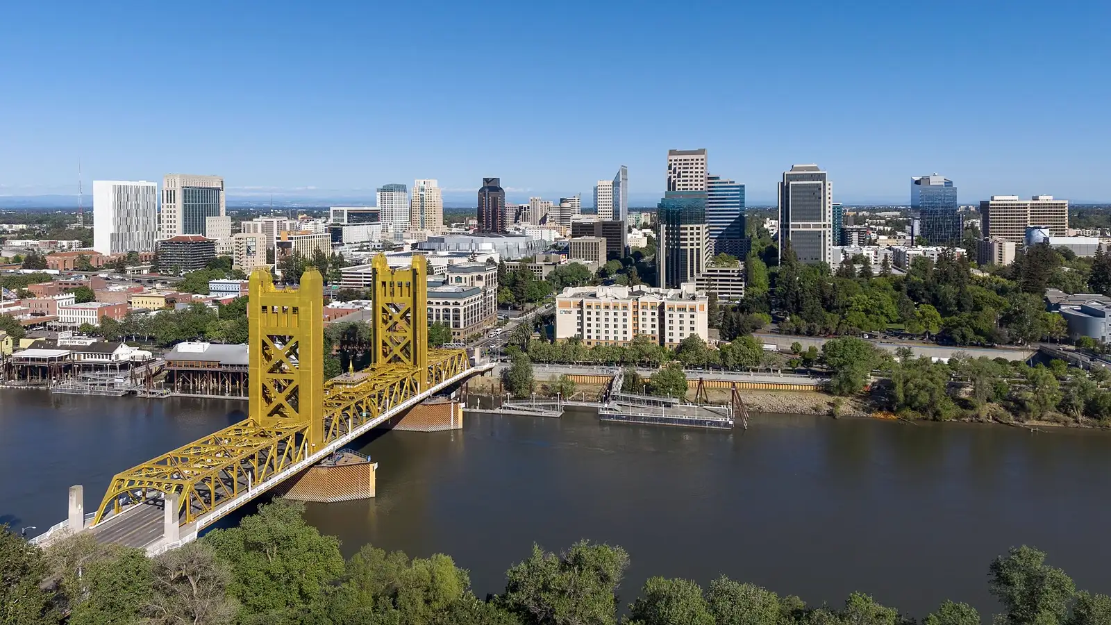 Tower Bridge and the downtown Sacramento skyline over the Sacramento River
