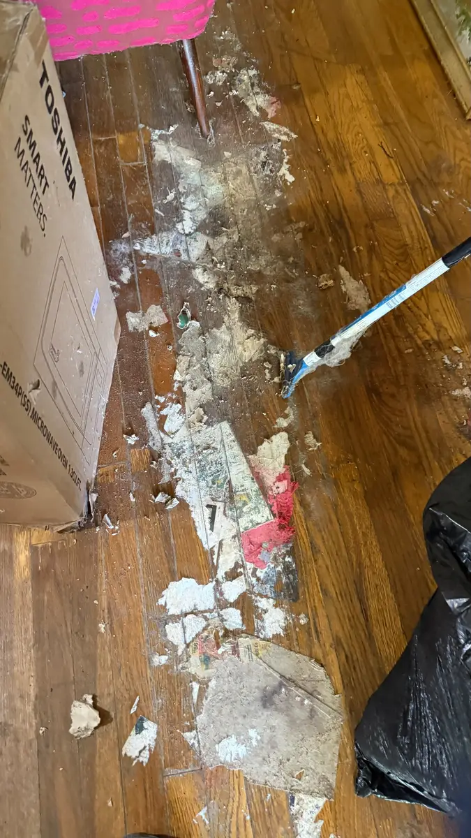 Team member scraping layers of paper and debris from a hardwood floor during hoarding cleanup