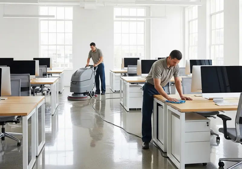 Cleaning team detailing desks and floors in a bright office