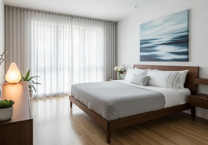 Neatly made bed and dusted bedroom kept clean on a recurring schedule
